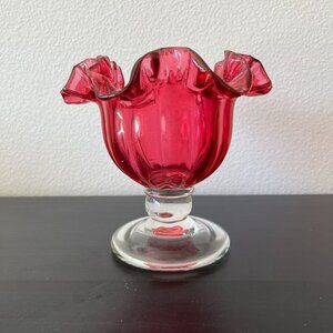 Vintage Ruby Red Glass Vase With Ruffled Rim & Clear Pedestal Base
